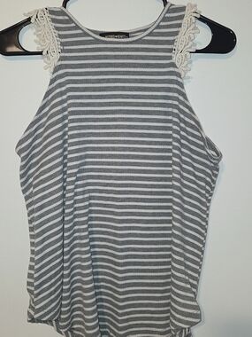 Inspired Hearts Gray & White Striped Lace-Trim Tank Top